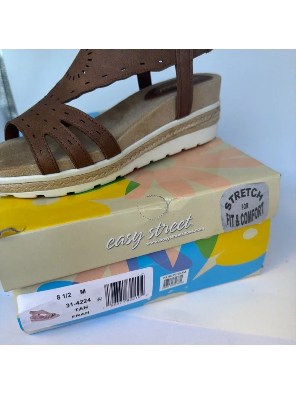 Easy Street Fran Wedge Sandals Tan Brown Pleather Shoes Size 8.5